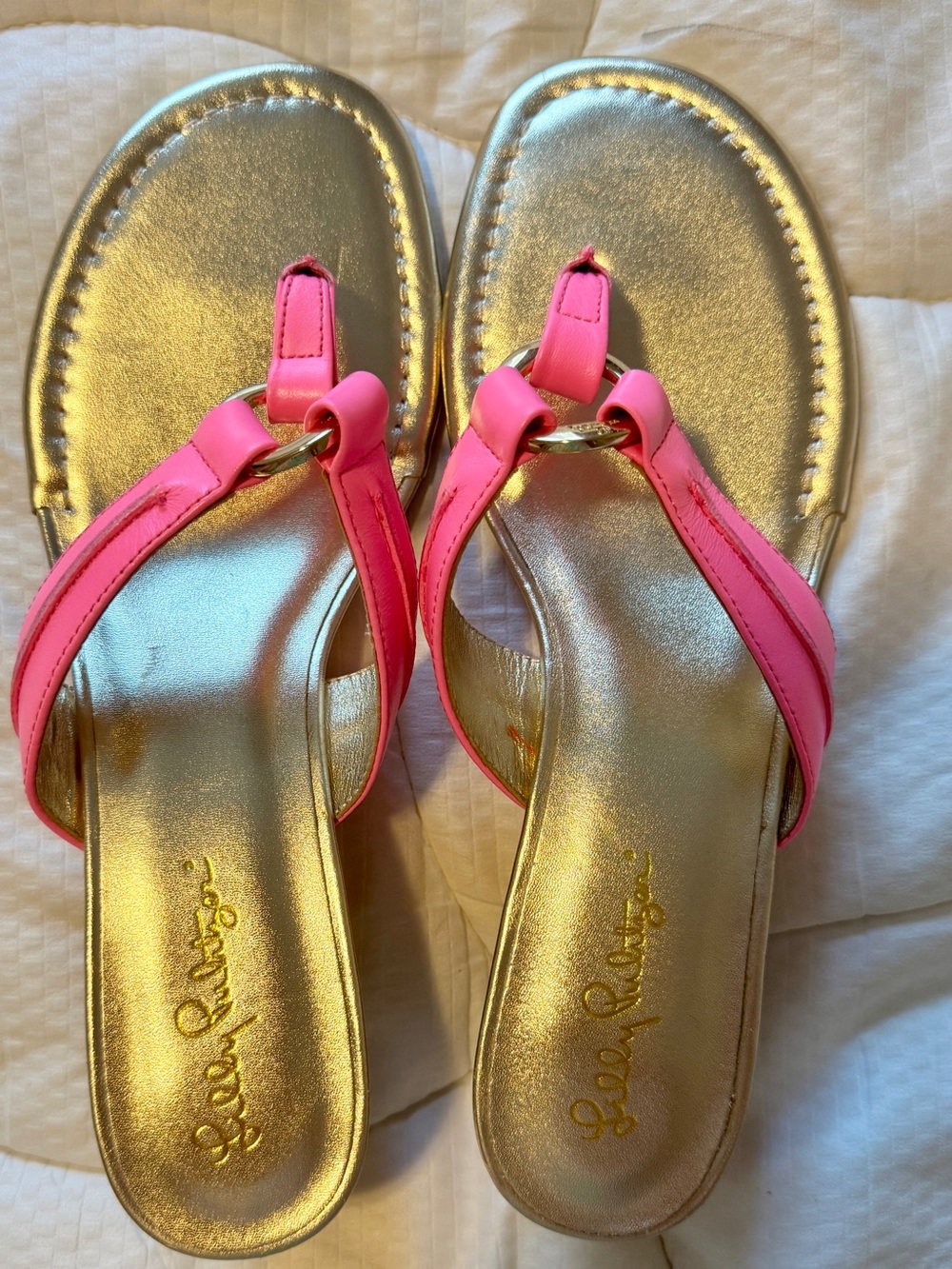 Lilly Pulitzer Gold and Hot Pink Ring-Detail Slide Sandals